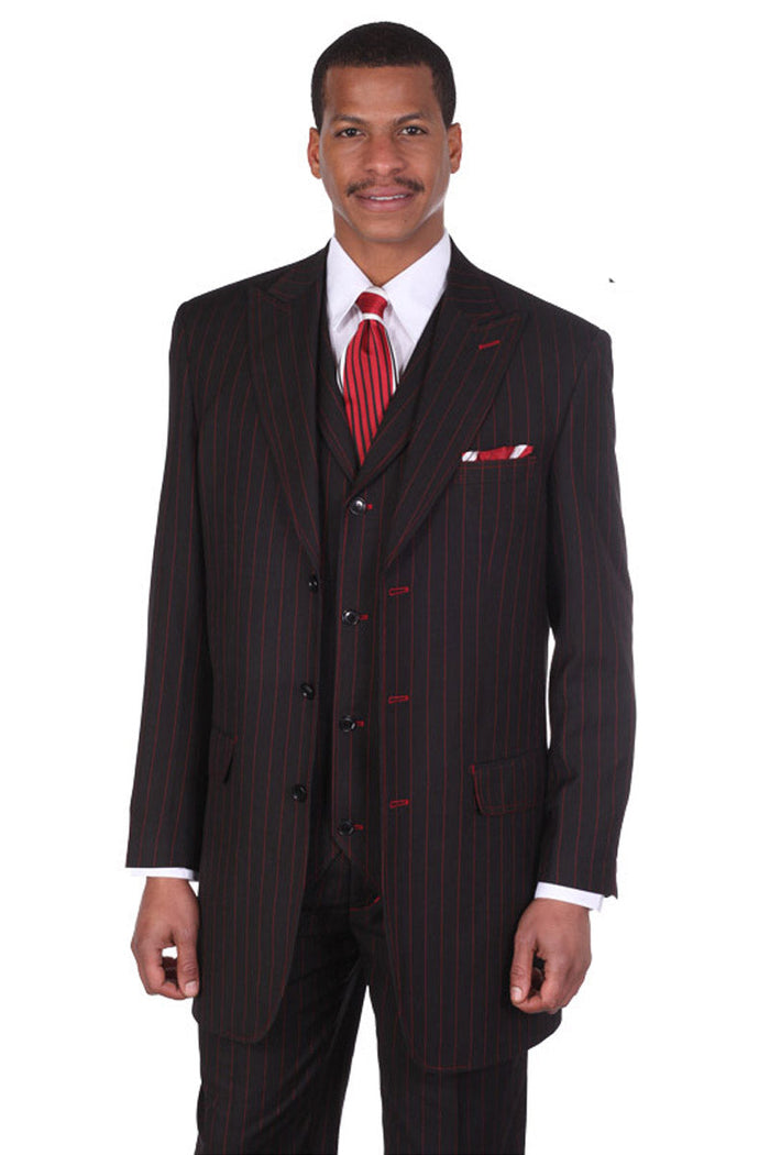 1920s Wide Peak Lapel Pinstripe Suit Black/Red