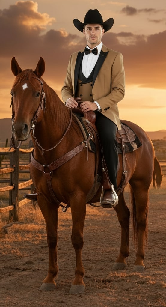 Men's Western Cowboy Tuxedo - 3-Piece Tan & Black Suit