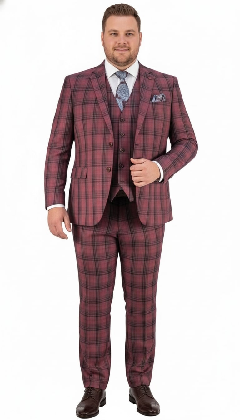 Red Burgundy Plaid 3-Piece Suit for Men