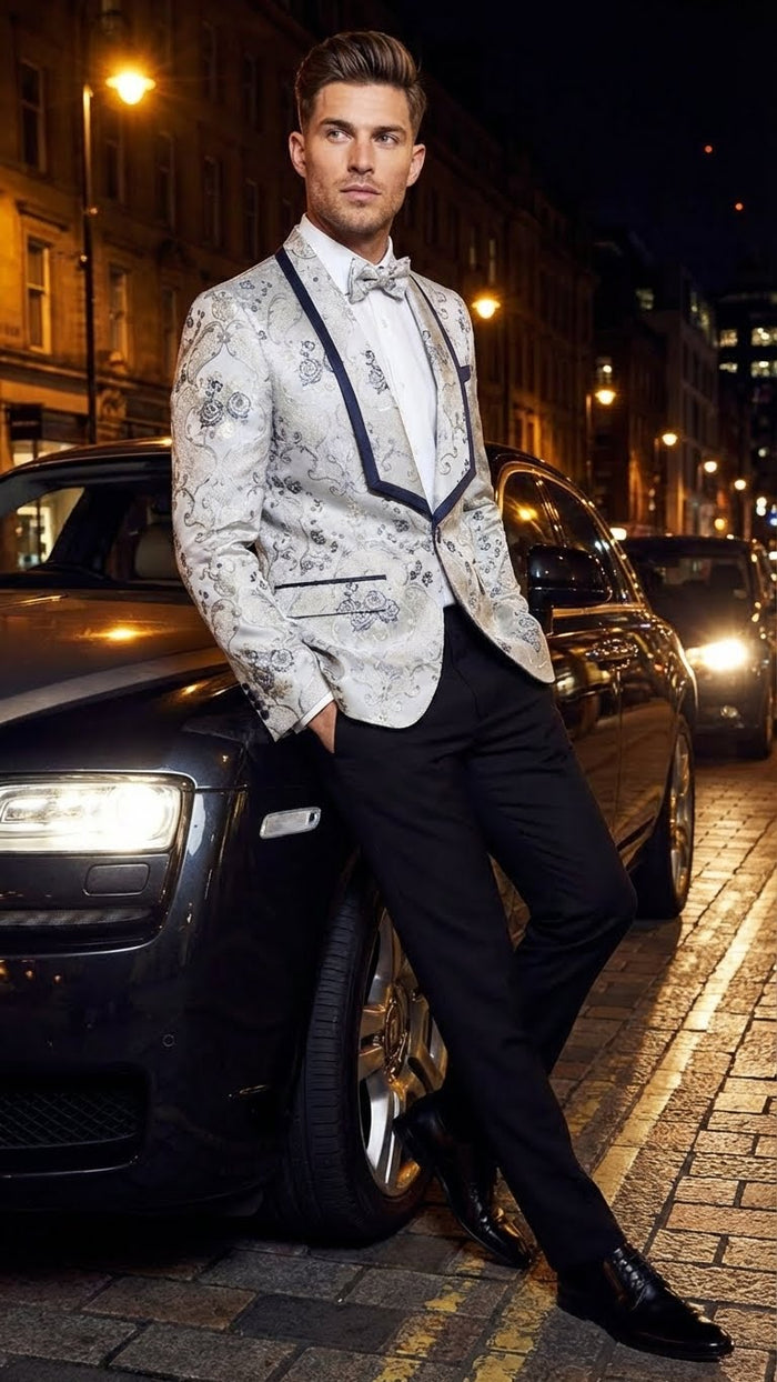 Men’s White and Navy Blue Lapel  Floral Jacquard Blazer with Contrast Shawl Lapel – Luxury Wedding and Party Wear Jacket paisley Tuxedo Navy Pants
