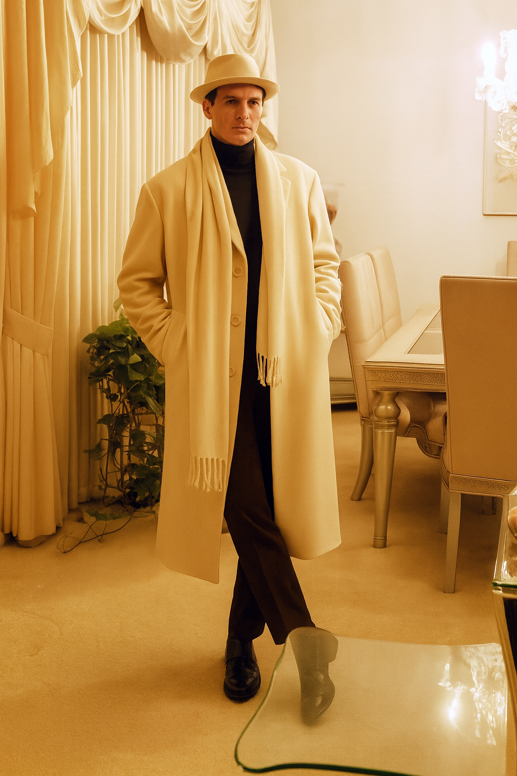 Men’s Long Wool Overcoat in Ivory