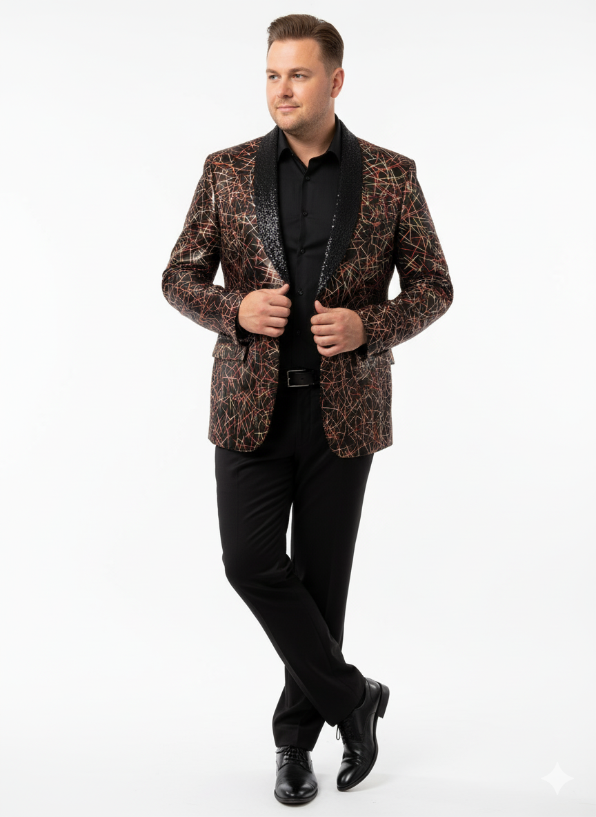 Men’s Black Blazer with Red & Gold Pattern