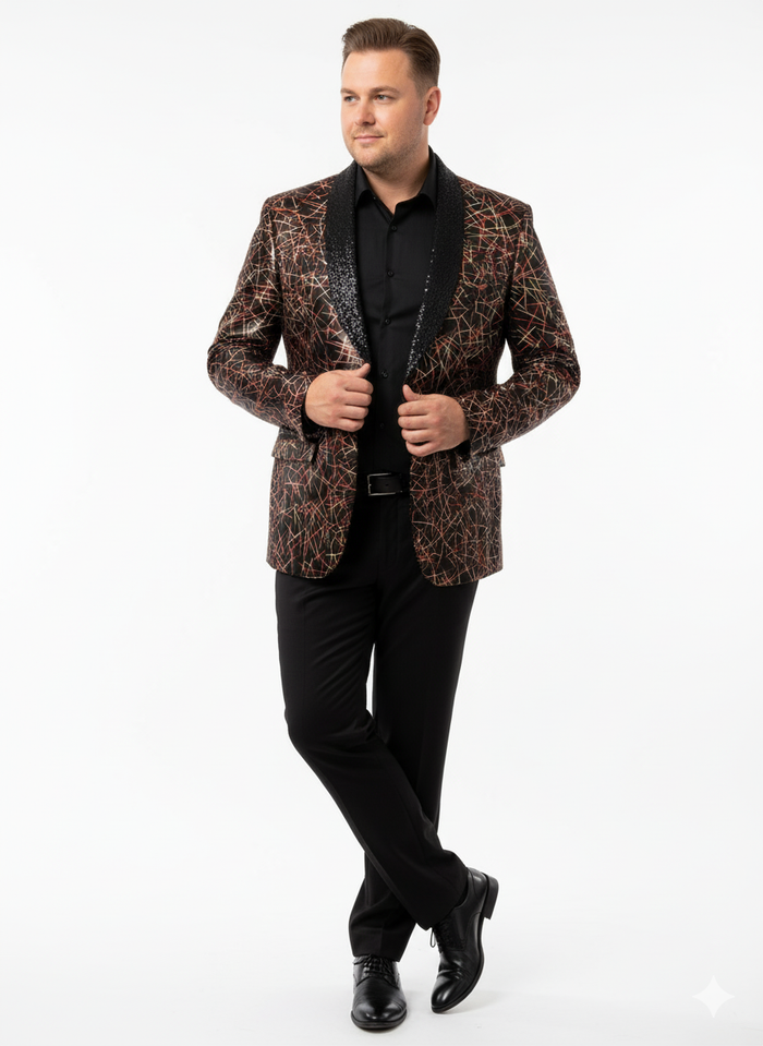 Men’s Black Blazer with Red & Gold Pattern