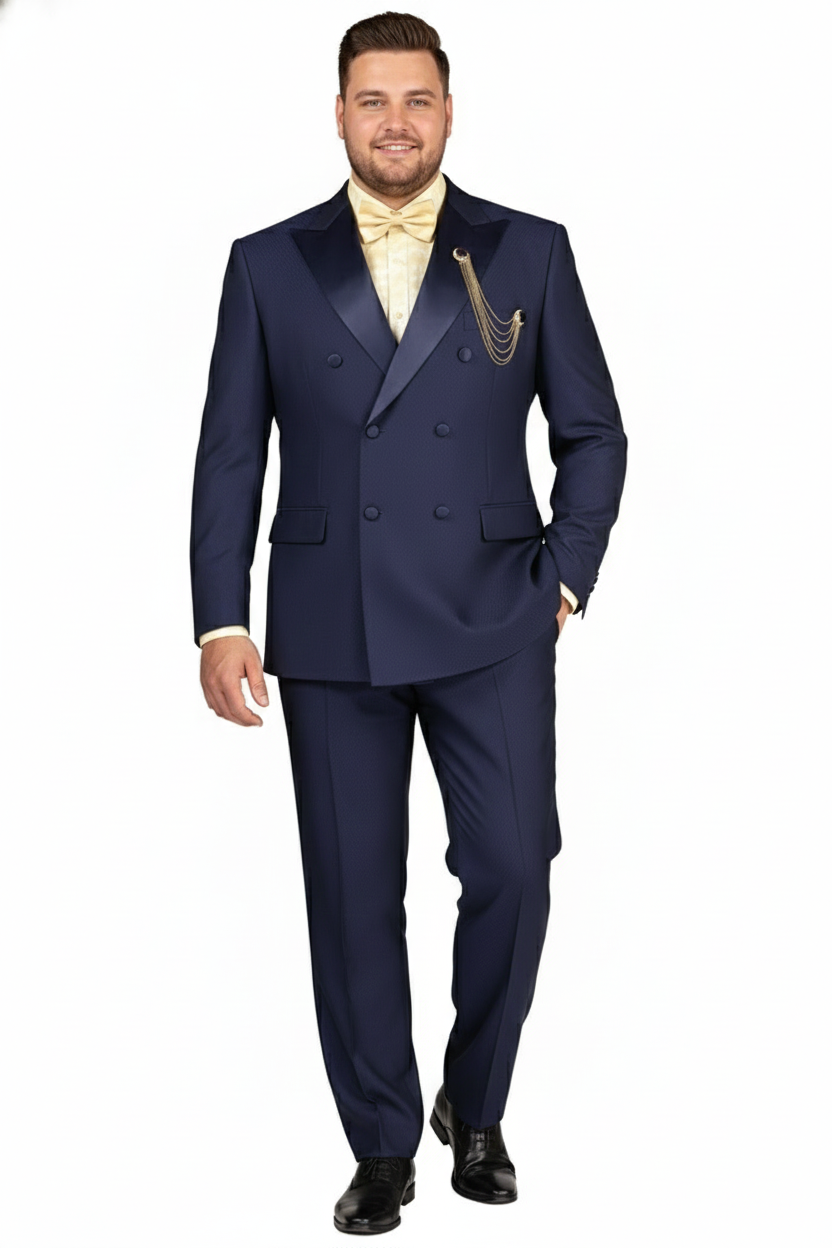 Men’s Navy Blue Double-Breasted Tuxedo with navy Satin Peak Lapel Wedding Suit