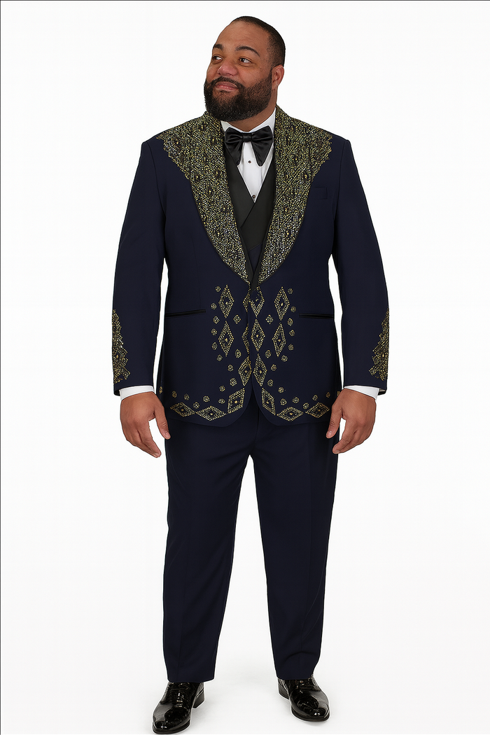 Men’s Navy Tuxedo with Gold Embroidery – Slim Fit Formal Dinner Jacket with Shawl Lapel