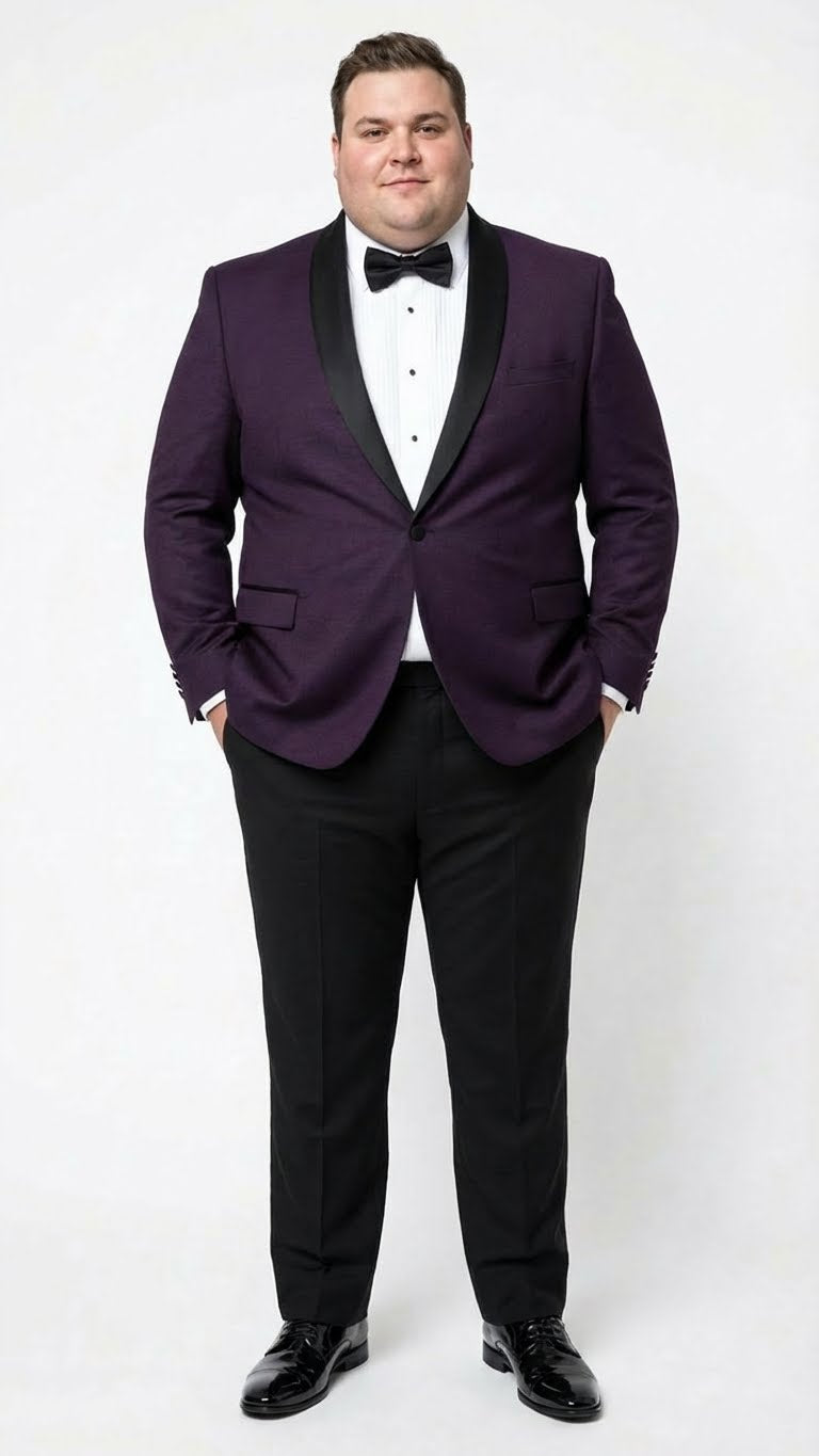 Men’s Eggplant Plum Purple Tuxedo Blazer with Satin Lapel, White Tuxedo Shirt and Matching Purple Bow Tie - Slim Fitted - Prom wedding Suit With Pants