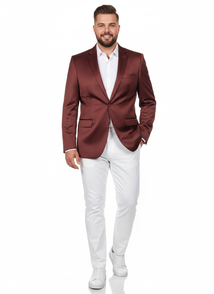 Men’s Slim Fit Maroon Satin Blazer – Elegant Two-Button Formal Suit Jacket for Weddings, in Maroon Wine Color