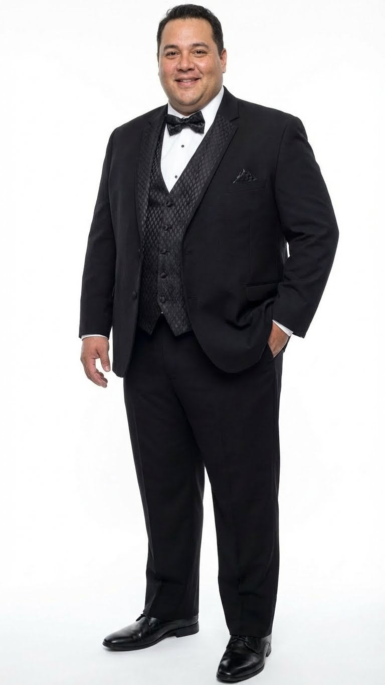 Men's Black Vested Tuxedo Suit with Patterned Lapel – Classic Formal Suit for Wedding, Party and Evening Events