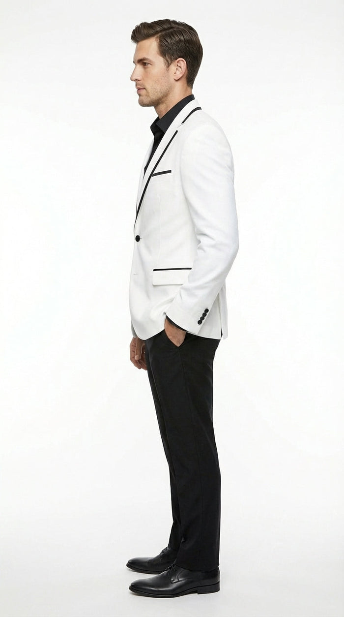 Men’s White Disco Blazer 70s Era Costume Jacket – Black Trim Retro Party Blazer, Vintage Dance Outfit, Stylish Evening Themed Wear