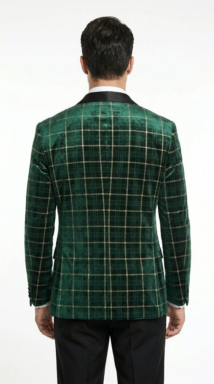 Men’s Green and Gold Plaid Christmas Holiday Blazer – Classic Check Party Jacket for New Year, Wedding and Festive New Year event