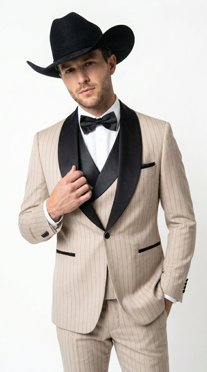 Men’s Beige Pinstripe Western 3 Piece Tuxedo Suit with Black Shawl Lapel, Formal Cowboy Wedding Prom Suit in Tan Khaki Color