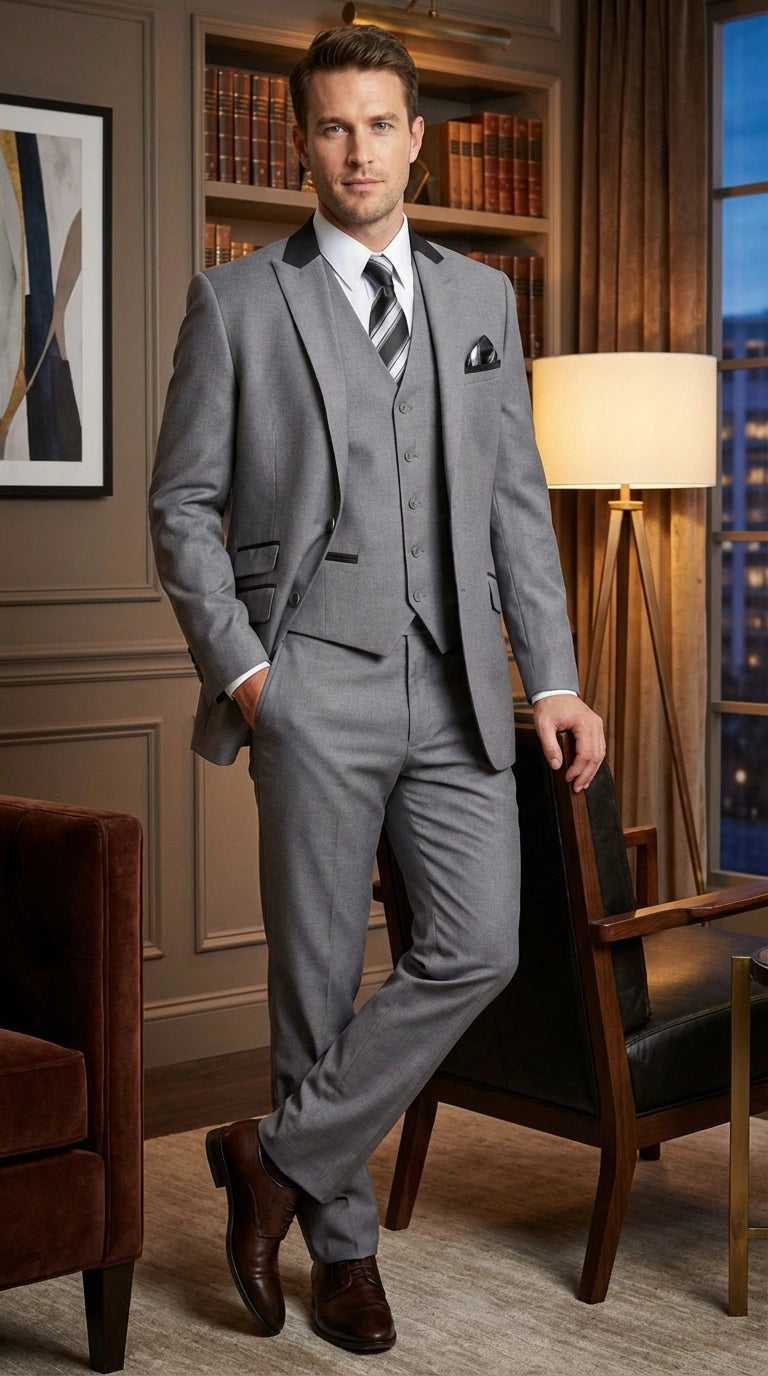 Men’s Light Gray Three Piece Suit with Black Chesterfield Collar  – Classic Formal Weddings and Business Suit Set 1920s Vintage