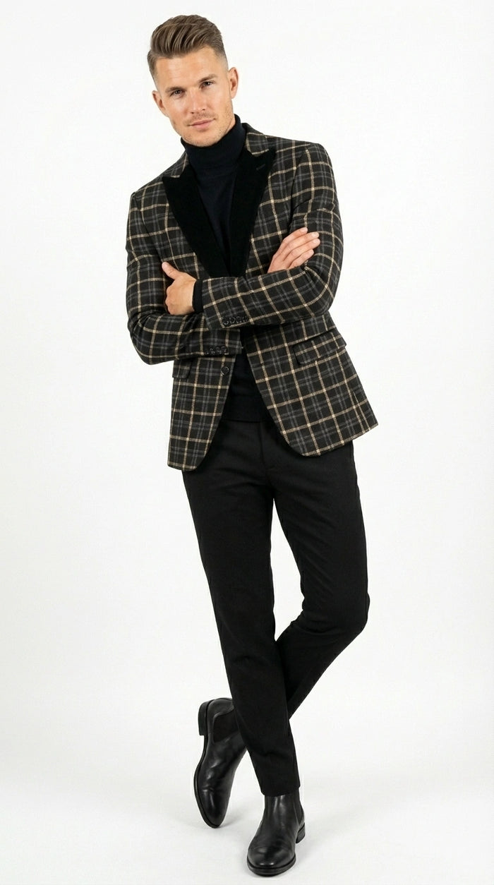 Mens Tartan Black and Gold Check Blazer – Windowpane Plaid Sport Coat Velvet Lapel Formal Party Jacket Chirsitmas New Year Holiday Jacket