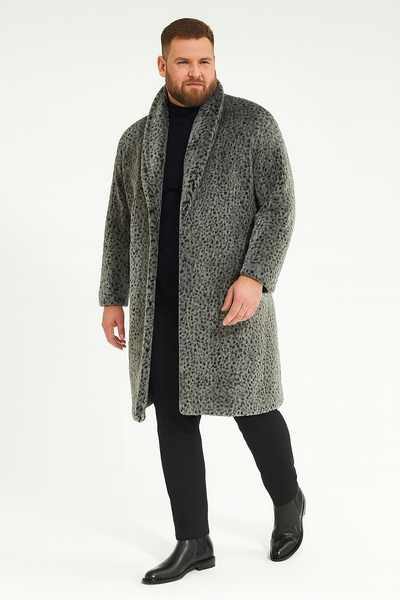 Men’s Grey Faux Fur Animal Print Overcoat