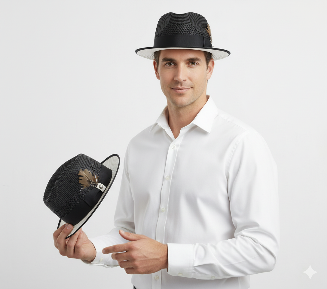 Men’s Two-Tone Black and White Fedora Hat with Feather Accent – Stylish Summer Dress Hat
