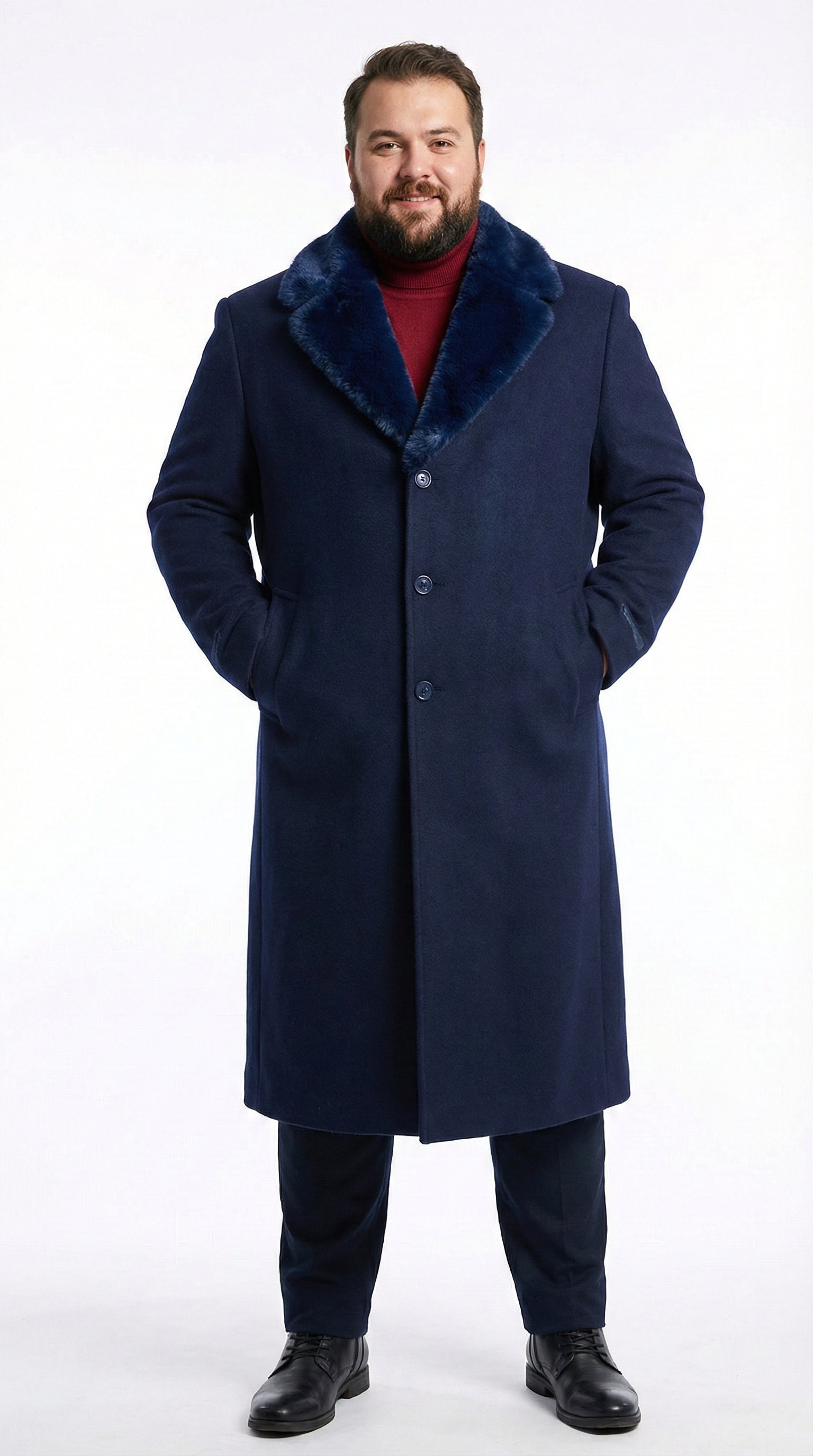 Men’s Dark Navy Blue Long Overcoat with Faux Fur Collar, Classic Winter Dress Coat for Formal