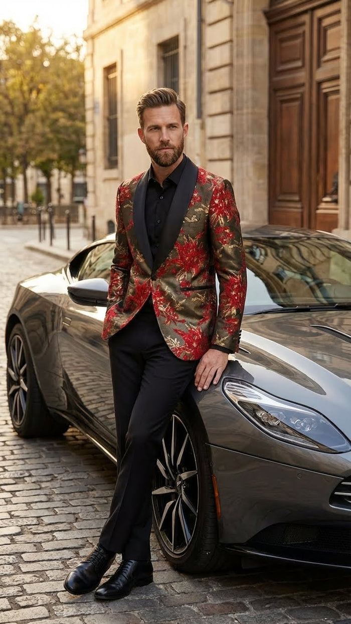 Men’s Red and Gold Floral Pattern Paisley  Shawl Lapel | Luxury Evening and Party Wear Jacket Prom Christmas New Year Blazer
