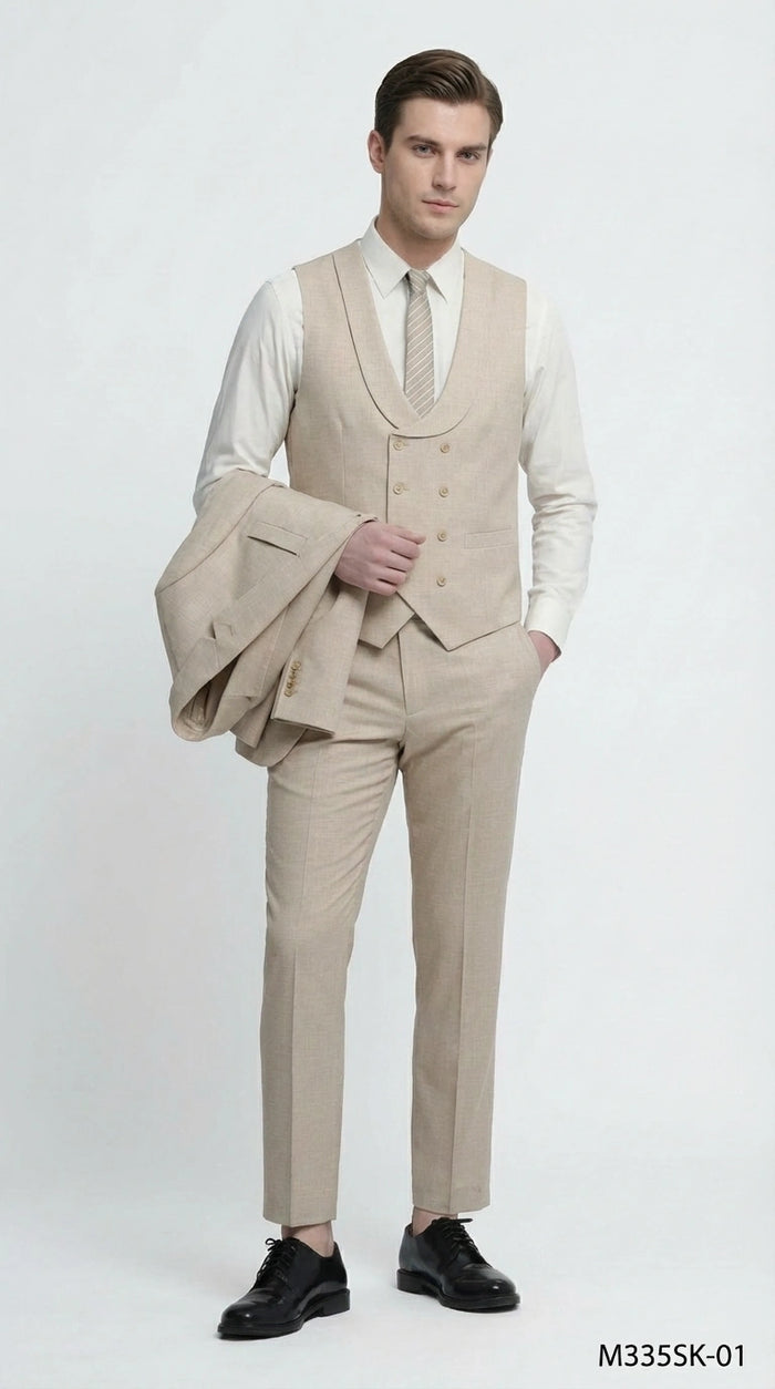 Mens Sand Beige 3 Piece Suit – Double breasted Vest Formal Suit Set  and Dress Pants in Champaign Natural Summer Color