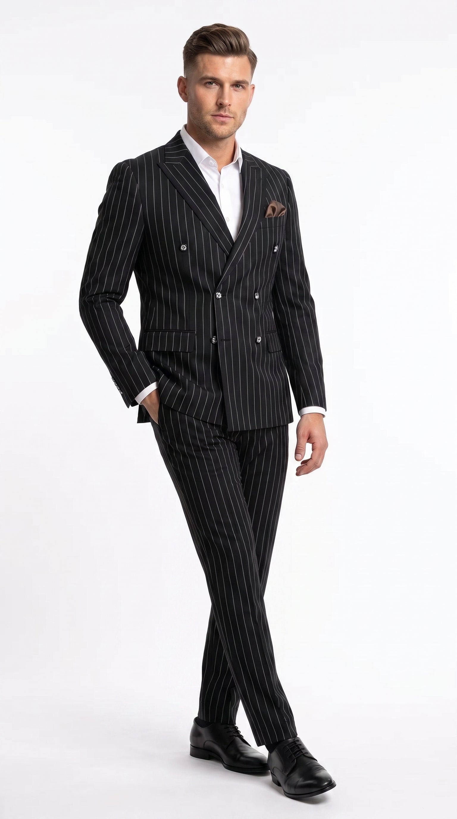 Men's Black Pinstripe Tuxedo Suit – Classic  and 1920s Gangster Formal Wear Vintage 1940s 1930s Look