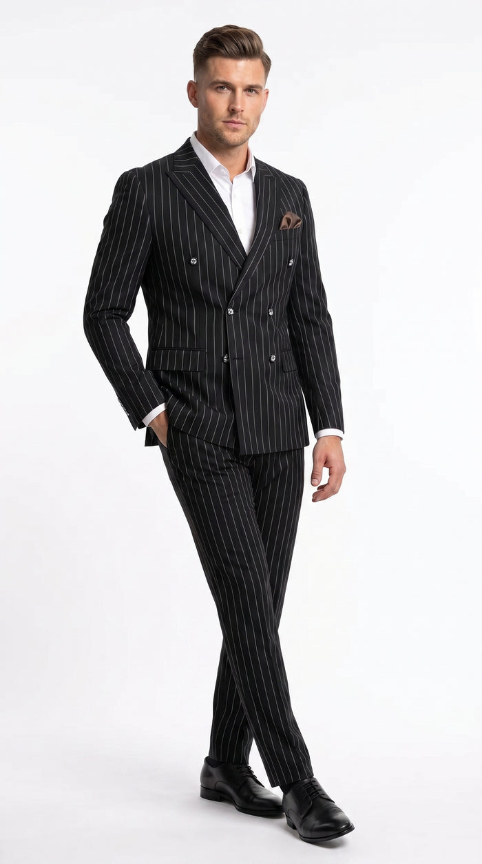 Men's Black Pinstripe Tuxedo Suit – Classic  and 1920s Gangster Formal Wear Vintage 1940s 1930s Look