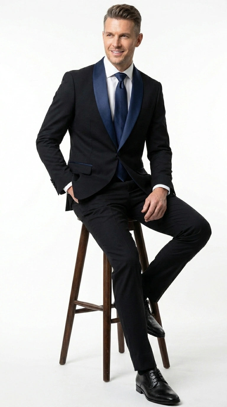 Men's Black Suit with Navy Blue Lapel – Elegant Formal Tuxedo Style Su