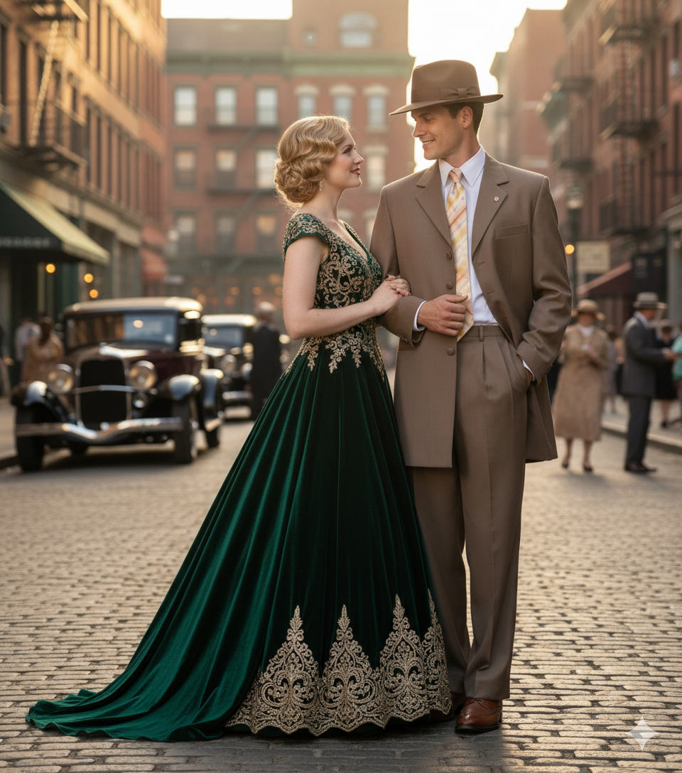 Men’s 1920s Tan Zoot Suit with Fedora Hat and Wingtip Shoes – Vintage Gangster 3-Piece Long Jacket Suit
