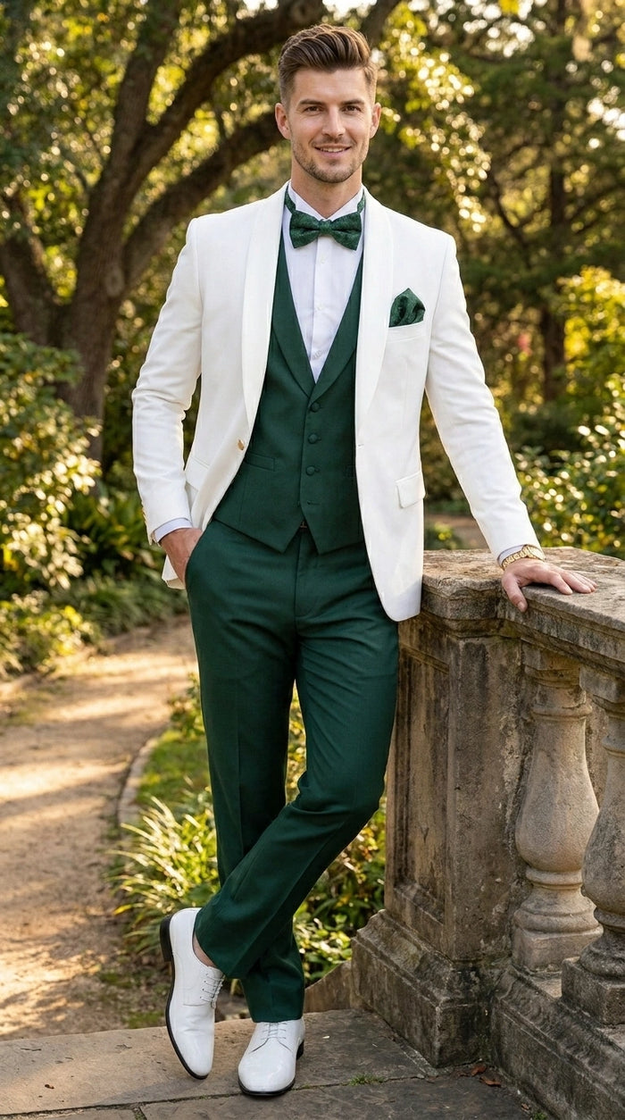 Men’s White and Hunter Green 3 Piece Suit – Elegant Formal Suit with Vest, Wedding Tuxedo Suit for Prom and Party Wear