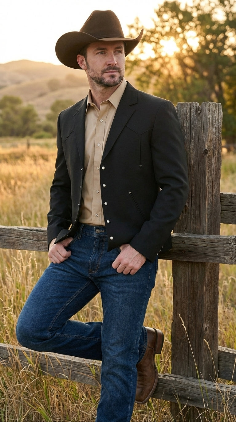 western formal dress mens Mens Black Western Blazer Set – Cowboy Style Formal Jacket and Pants Outfit Country Western Suit Black / 46 Short