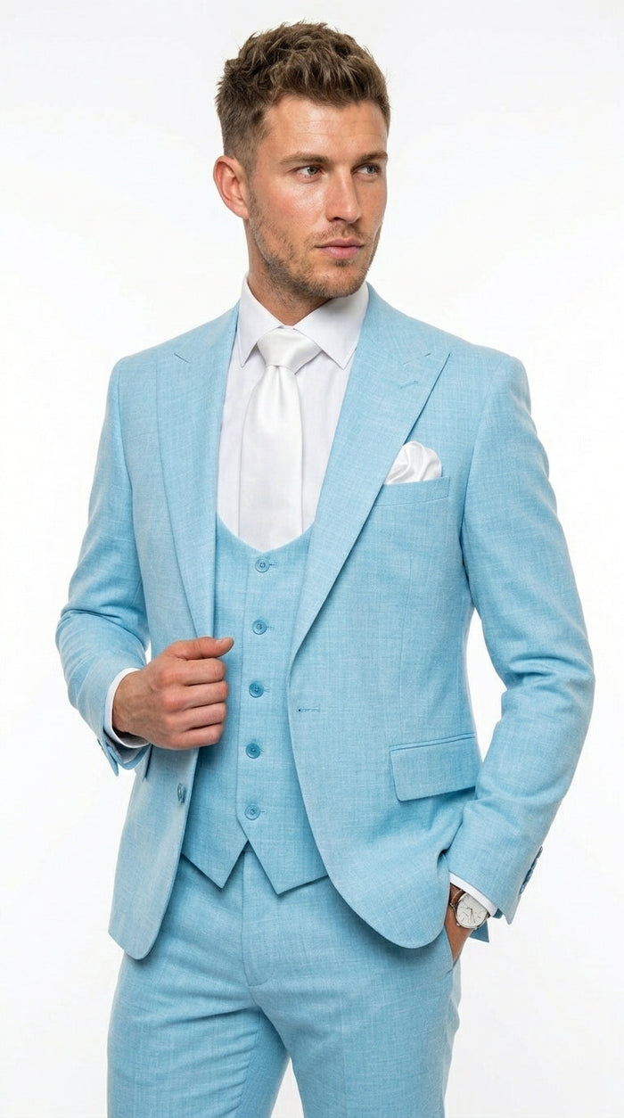 Men’s Turquoise Light blue Suit, Vested Formal Dress Suit for Weddings, Prom, Summer Parties, and Special Occasions in Aqua Blue Color By Rossiman