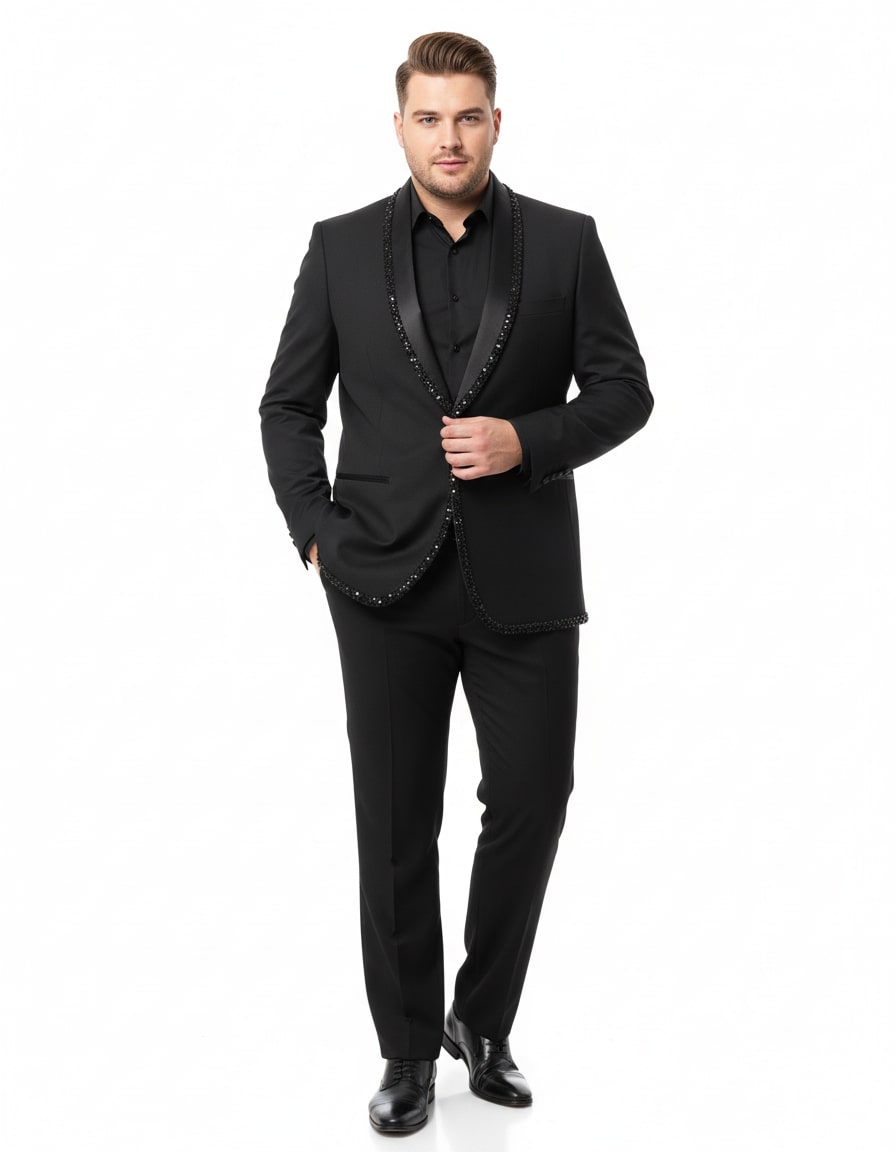 Black Designer Blazer with Beaded Lapel