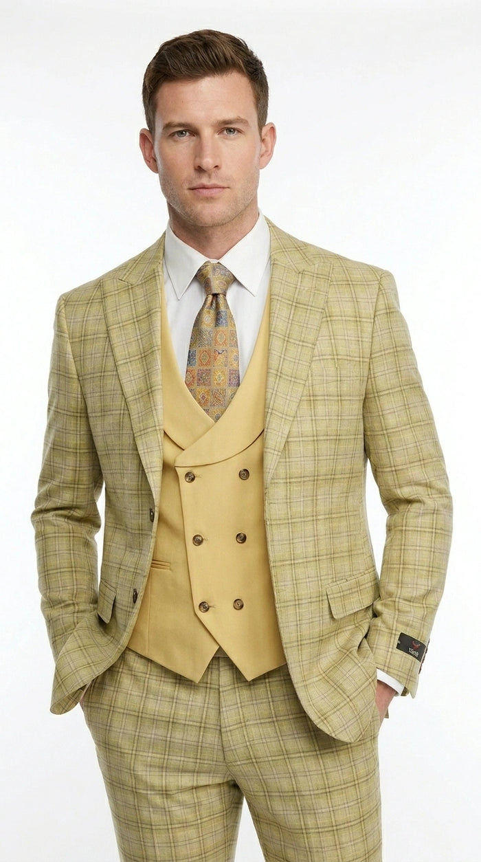 Vitali Men’s Sage Beige Tan Plaid 3 Piece Suit, Check Pattern Formal Dress Suit for Weddings, Prom, Business Events, Modern Fit Light Yellow Color