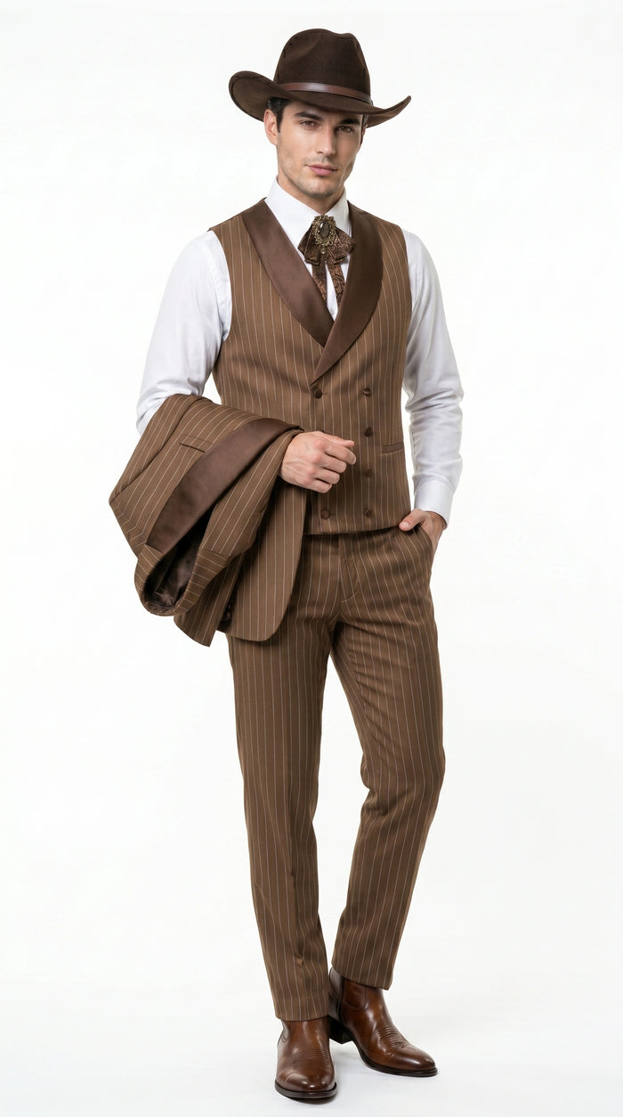 Men’s Brown Pinstripe Western Cowboy Tuxedo, Contrast Shawl Lapel Formal Suit for Weddings, Prom, Parties, and Special Occasions