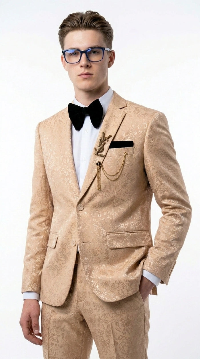 Men’s Champagne Gold Paisley Prom Tuxedo, Formal Dinner Suit for Prom, Weddings, Parties in Tan Color