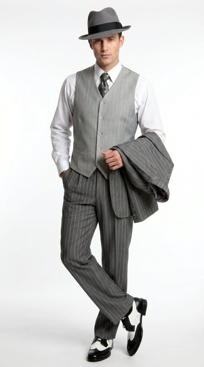 Men’s Grey Pinstripe 1920s Gangster 3 Piece Suit, Contrast Lapel Vintage Formal Suit for Parties, Prom, Weddings, and Theme Events