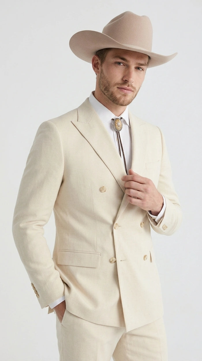 Men’s Tan Linen Cowboy Suit, Double Breasted Western Wedding Formal Western Suit Country style in Beige Tan Color