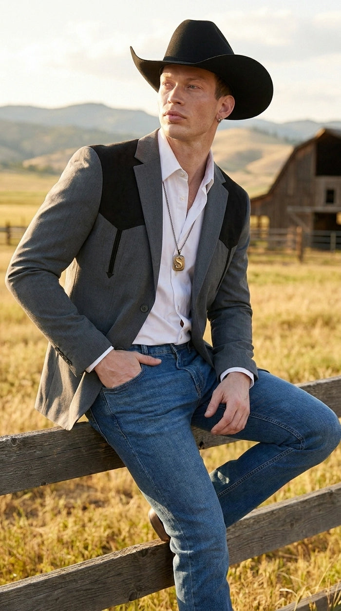 Men’s Dark Charcoal Western Blazer with Black Suede Yokes, Cowboy Sport Coat for Ranch Wedding and Country Events By Platini