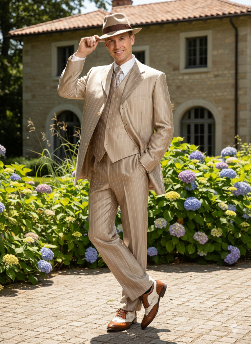 Men’s 1920s Vintage Beige Pinstripe Three-Piece Suit – Classic Fit Jacket, Vest and Trousers - Champaign Tan Color