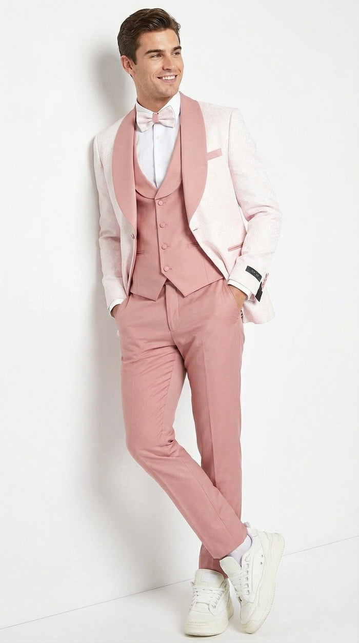 Men’s Cream and Rose Pink Prom Suit – Cream Tuxedo Jacket with Rose Pink Pants and Shawl Lapel Formal Suit for Prom and Wedding