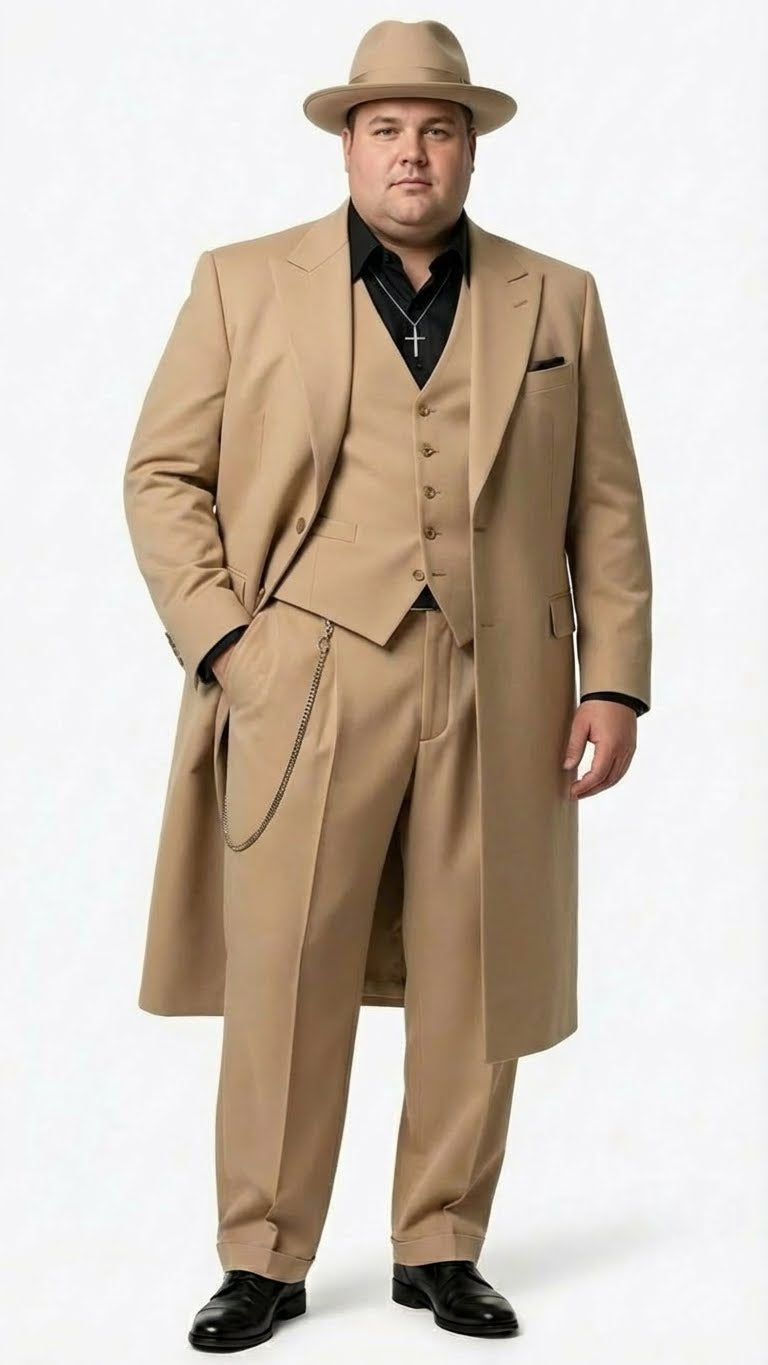 Men's 1920s Beige Zoot Suit – Long Mafia Gangster Three-Piece Suit in