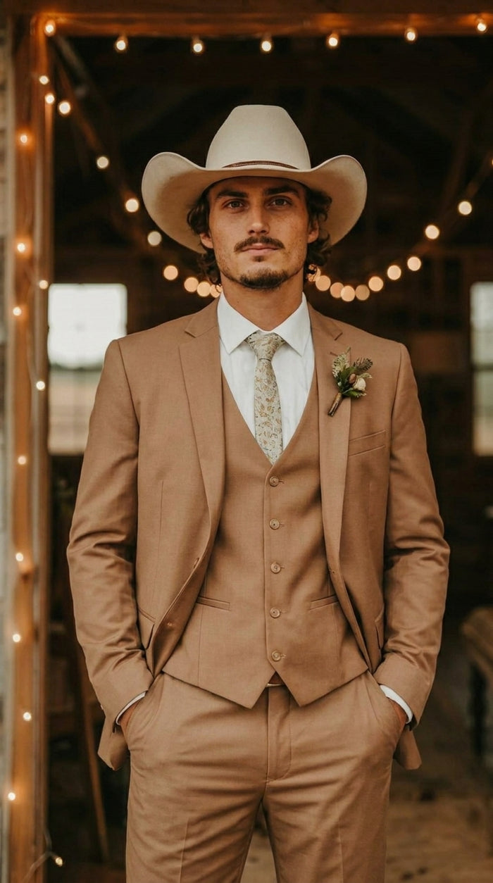 Mens Camel Brown Copper Western 3 Piece Suit – Classic Country Style Blazer Vest Pants Set, Formal Cowboy Suit Outfit