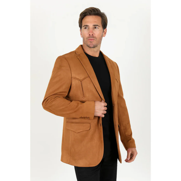 Mens Double Button Faux Suede Blazer- Camel