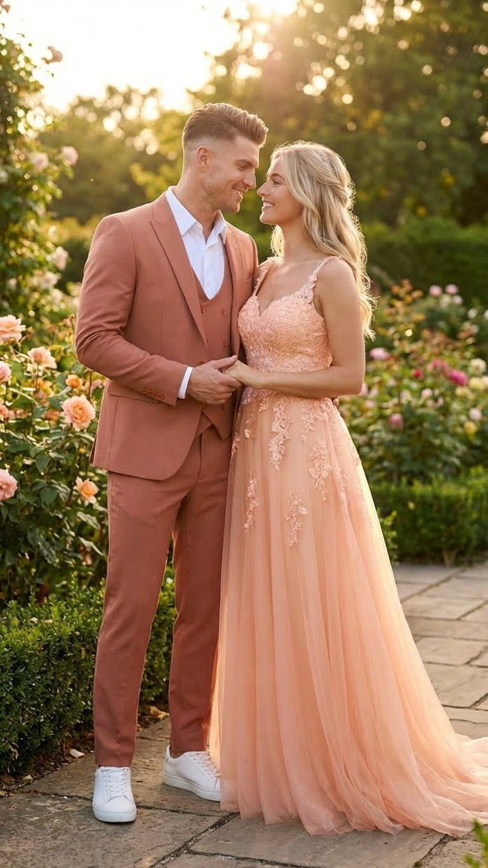 Men’s Light Rust - Peach Color - Salmon Color  3 Piece Suit Set with Vest, Classic Formal Wedding Prom Business Dress Suit