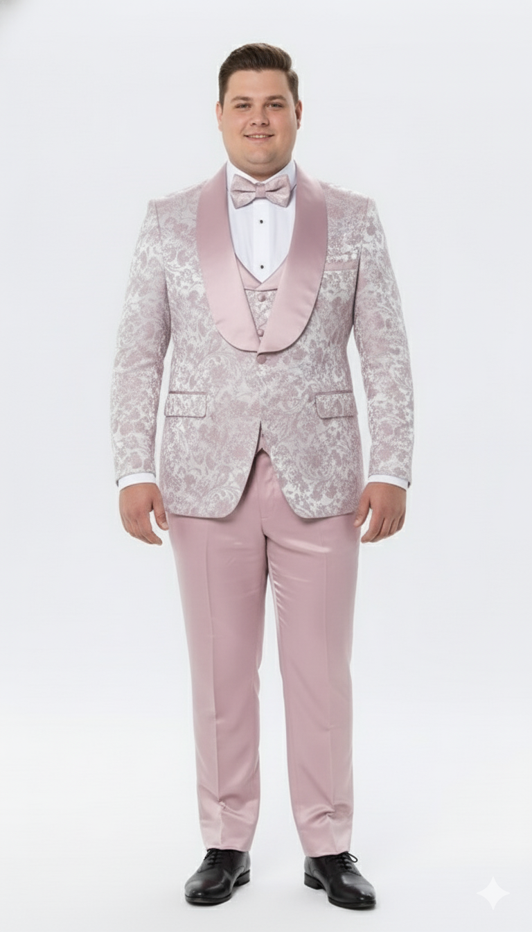 Men’s Light Pink Dusty Rose -  Floral Tuxedo Suit – Luxury Satin Shawl Lapel 3-Piece Formal Wedding and Prom Suit in Blush Mauve color