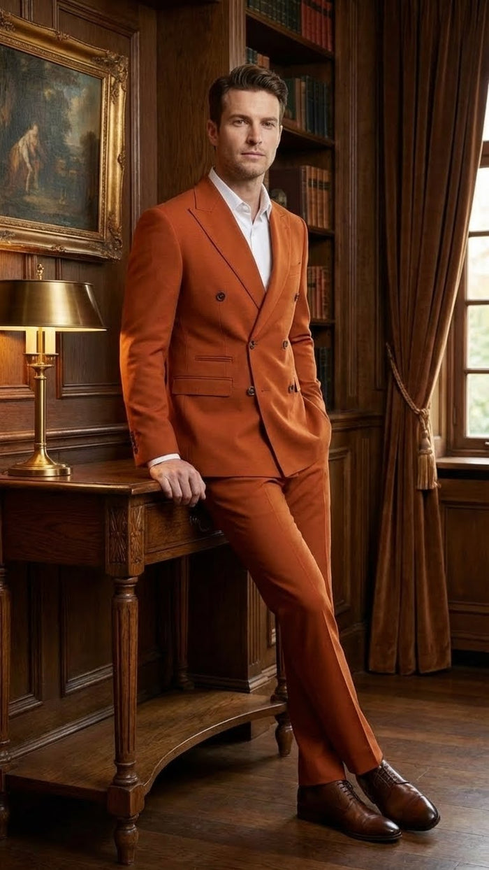 Vitali Brand Men’s Burnt Orange Double Breasted Suit – in Rust Brick Copper Color