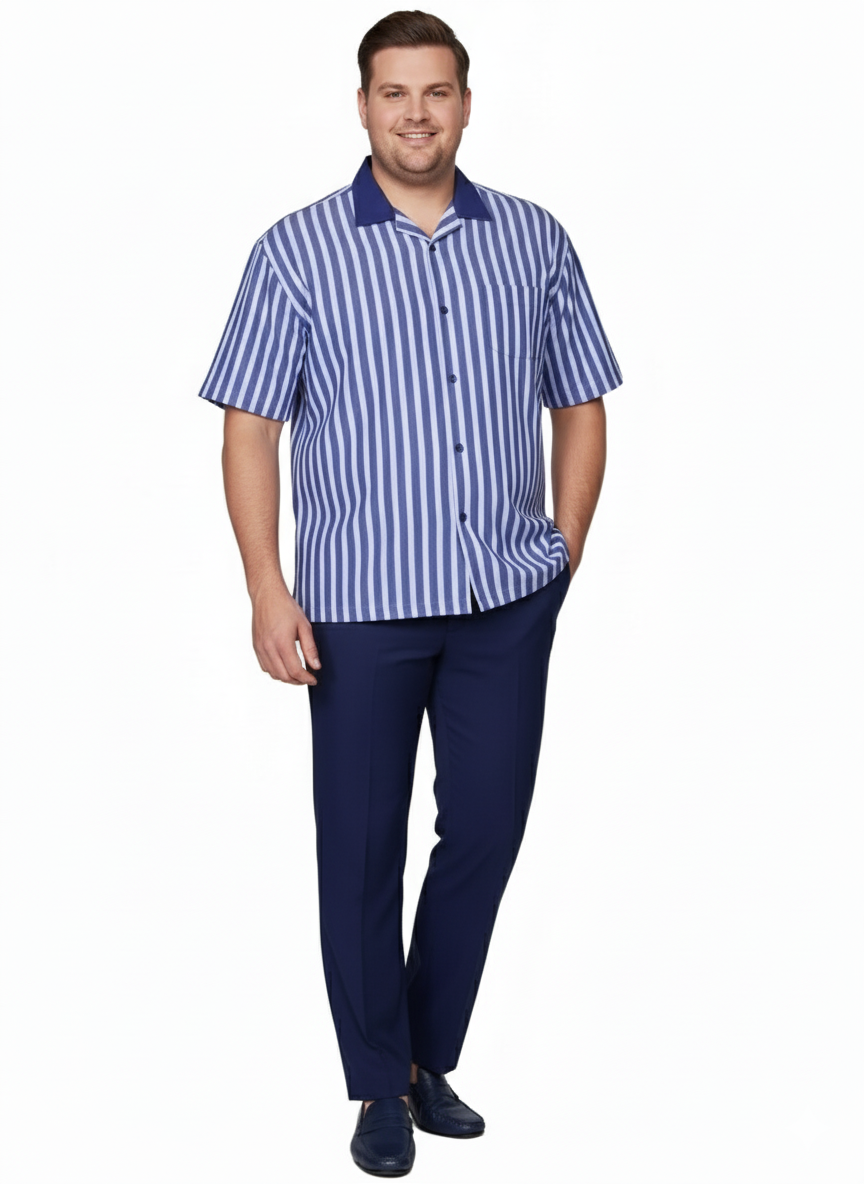 Blue White Stripe Shirt Set Short Sleeve - Summer Two-Piece