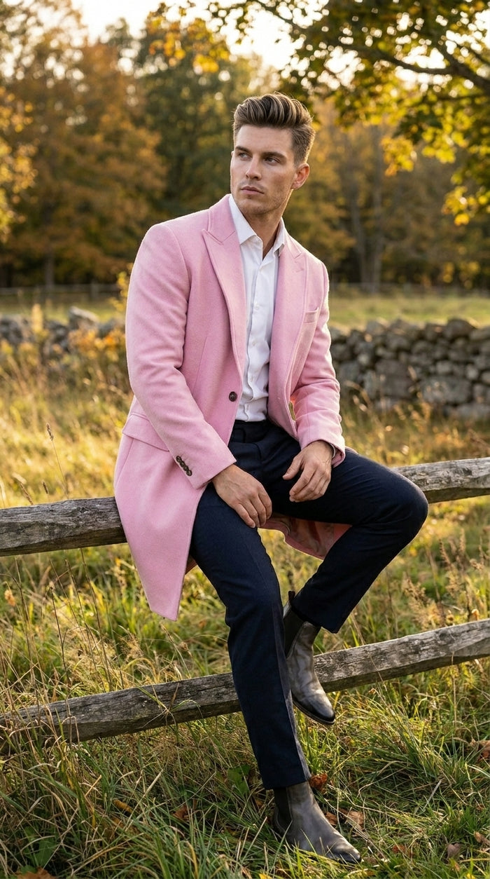 Men’s Light Pink Fashion Overcoat with Notch Lapel, Dress Car Coat for Formal and Casual Wear