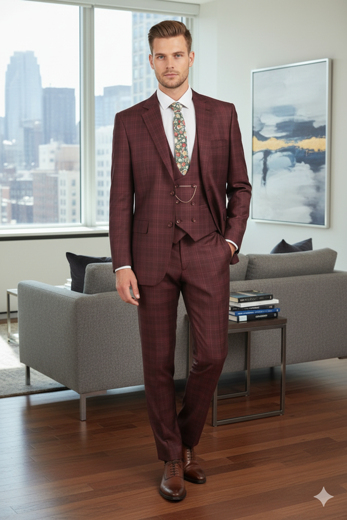 Burgundy Windowpane Classic Fit 3-Piece Suit