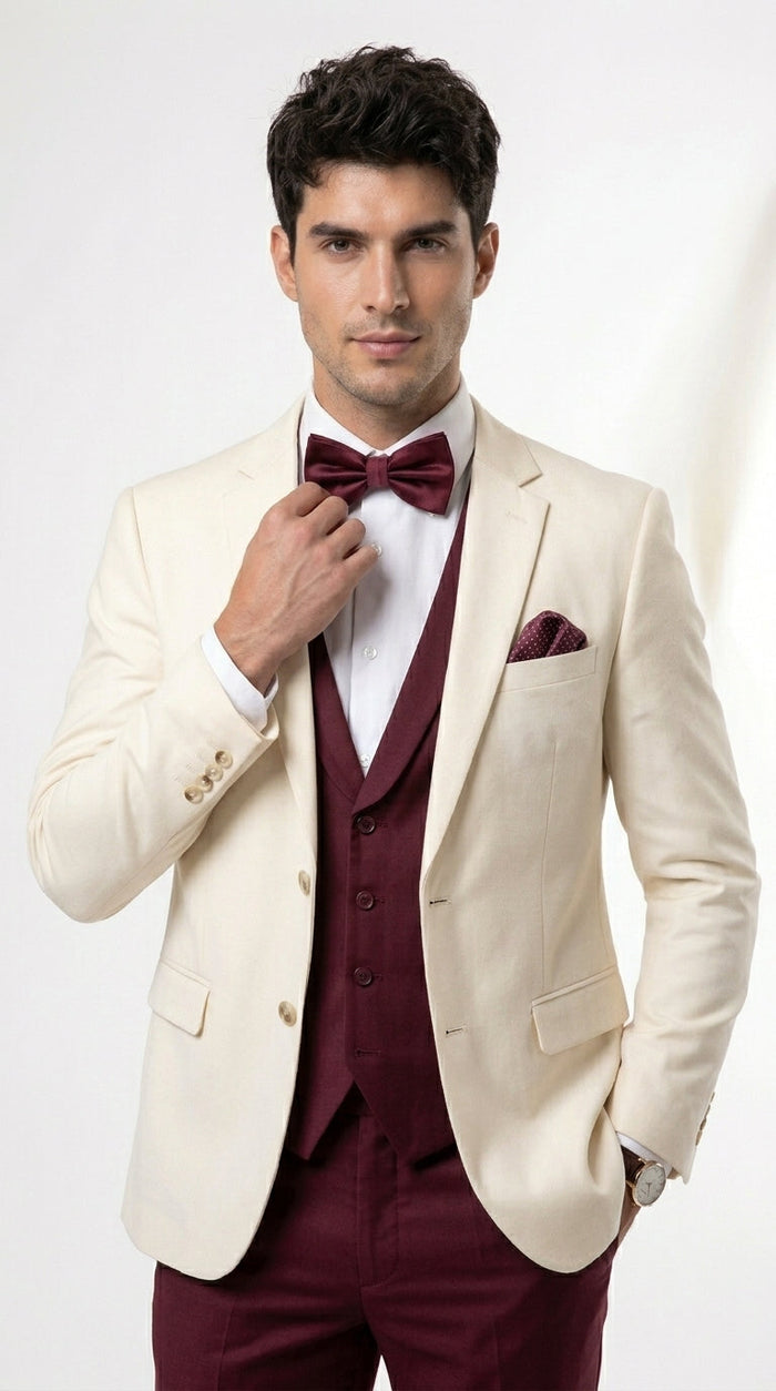 Men’s Cream Ivory and Burgundy 3 Piece Tuxedo Suit, Vested Formal Wedding Prom Dinner Suit in Cream Off White Color