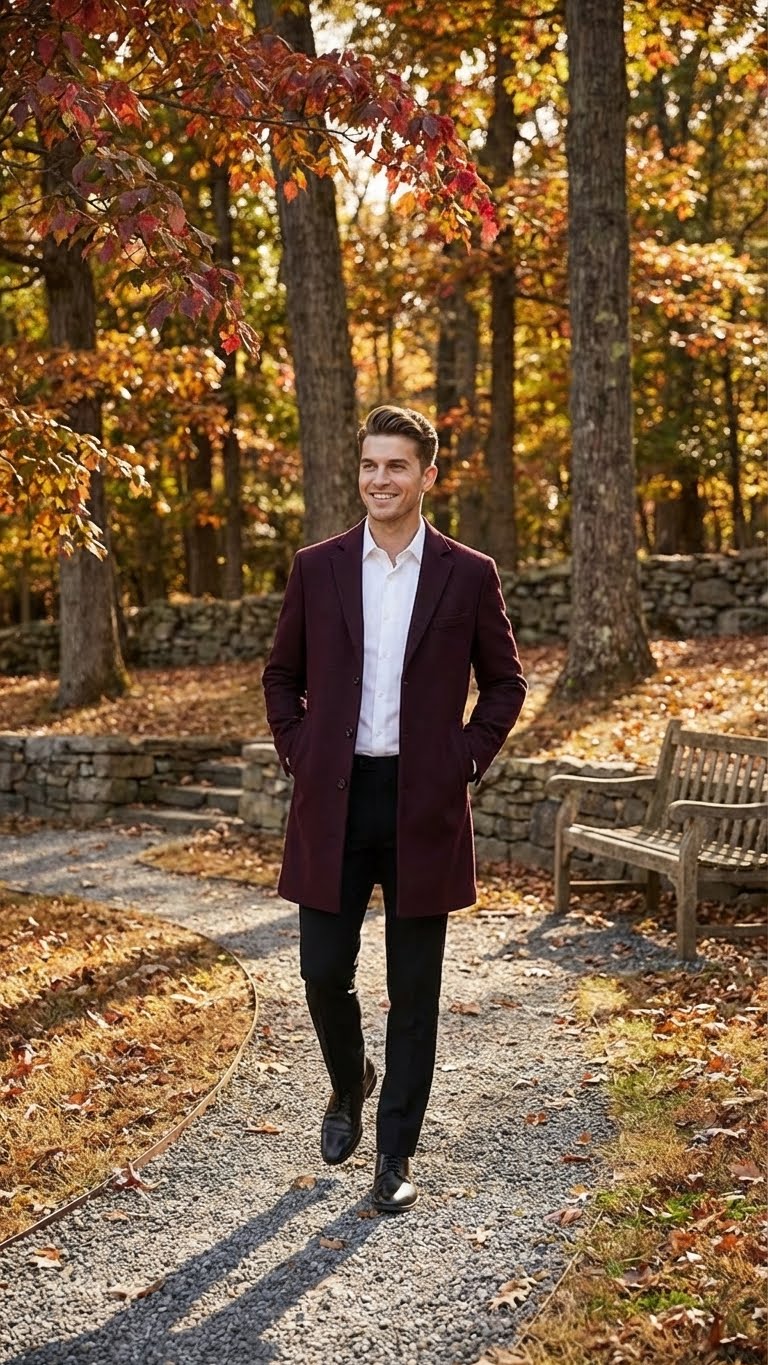 Men’s Burgundy Mid-Length Overcoat – Classic Fit Wool Blend Dress Coat Three Quarter Carcoat Topcoat