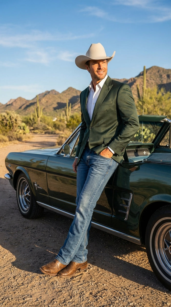 Mens Shiny Dark Green Cowboy Blazer – Western Style Satin Finish Blazer for Party, Country Hunter Color